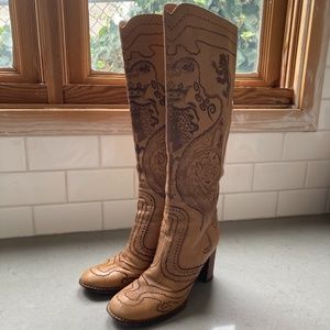 Anthropologie Tan Embroidered Leather Knee-High Heeled Boots